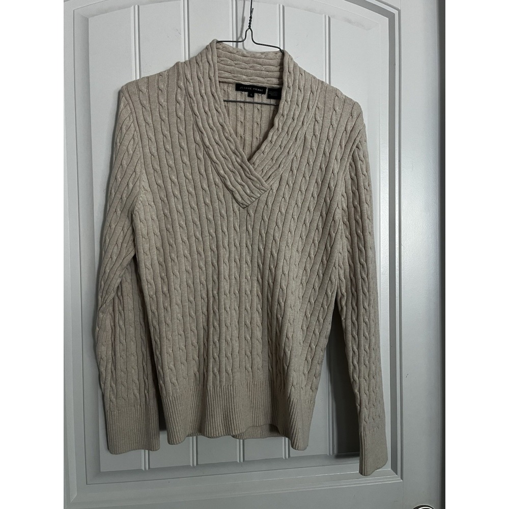 Jeanne Pierre Sweater Womens Size Large Cable Knit Ivory Shawl Collar 706